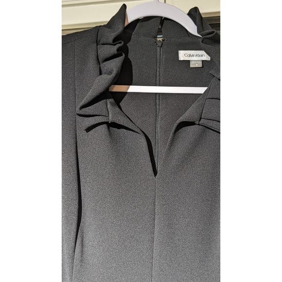 Calvin Klein Black Stretch Crepe Ruffle V-Neck Fit & Flare Dress Womens Sz 12 - Picture 8 of 11